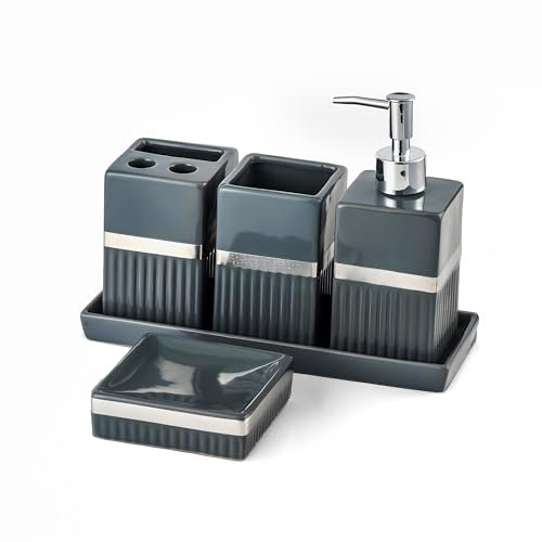 Ceramic Haven Elegance Collection | Set of 5 Luxury Bathroom Accessories | Soap Dispenser, Toothbrush Holder, Multipurpose Holder, Tumbler, Vanity Tray | Stylish Décor & Organiser (Grey Elegance)