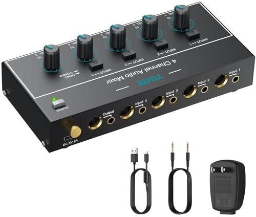 YGiTK Mini Mezclador de Audio, Mezclador de Línea Estéreo de 4 Canales 1/4 & 1/8 TSR Salida de Audio Jack de Entrada para Guitarras, Bajo, Teclados, Micrófono Dinámico