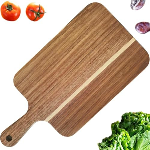 Tabla de Cortar para cocina de Madera Acacia Natural Hecha a Mano con Mango Ergonómico - Duradera y Resistente al Desgaste - Ideal para Carne, Verduras, Pan y Charcutería - Elegante.38x20