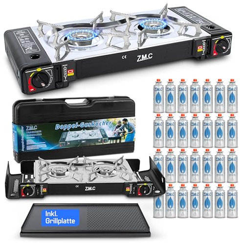 ZMC Camping Gaskocher 2-flammig inkl. Adapter für LPG Anschluss + Aufbewahrungskoffer, Campingkocher mit Gaskartuschen 227g und Grillplatte Wählbar (Gaskocher + Grillplatte + 28x Gaskartuschen)