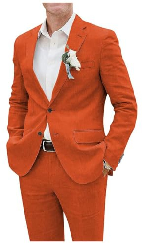 Costume 2 pièces en lin pour homme Blazer Pantalon Boutonnage simple Revers cranté Smoking léger pour Entreprise et Mariage, Orange, XL