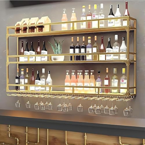 KEPMOGOH Väggmonterat vinställ med 3 våningar, vinhylla flaskeståndare, ställ för vinflaskor, vinbagarställ, järn flaskhylla, vinpresentationsställ för bar, för bar, restaurang, kök (Guld, 120cm)