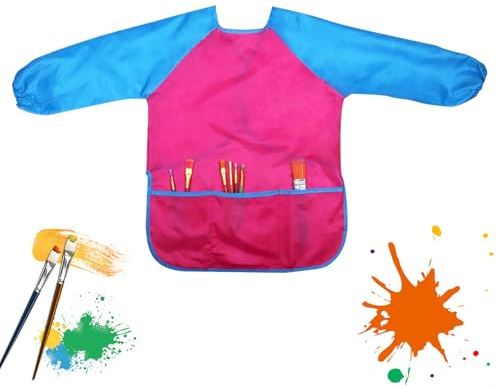 SJUIEO Delantal impermeable de manga larga para niños (120 cm) para niños de 5 a 8 años de edad, bata de imitación ajustable con diseño de bolsillo grande, ropa de pintura para niños y niñas, rojo