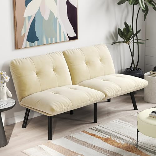 Arhatreya 2 Sitzer Klappbares Sofa Gästesofa, 2er Futon Couch, Schlafsofa Sofabett für Wohnzimmer, Schlafzimmer, Wohnung, Buros, Samtstoff, Cream