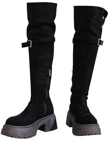 Stivali alti da donna con plateau piatto, con cerniera laterale, con cerniera laterale, stivali alti e gambali lunghi, casual, da ufficio, Nero , 39.5 EU
