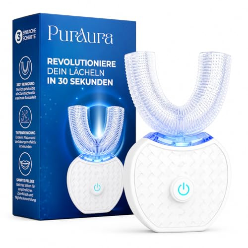 PurAura Cepillo de dientes ultrasónico de 360°, cepillo de dientes sónico automático con temporizador y carga inalámbrica | Cepillo de dientes eléctrico en forma de U para blanquear los dientes y
