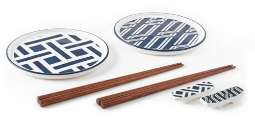 H&H Set Sushi 8 Pezzi, Tsubaki in Porcellana Decorata – 2 Piattini 15 cm + 2 Coppie Bacchette in Legno + 2 Appoggia Bacchette, Idoneo per Lavastoviglie e Microonde