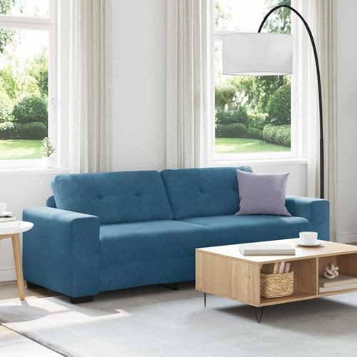 Tonture Blå sammetssoffa 3-sitsig, modern loungesoffa med kudde, mjuk vadderad, robust plywoodram, för vardagsrum sovrum, 221 x 78 x 80 cm