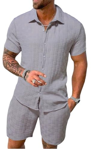 APAELEA Ensemble Été Homme 2 Pièces Chemise Manches Courtes Boutonnée et Short Survêtement Tenue de Plage Casual Tracksuit avec Poches pour Travail Vacances Gris L