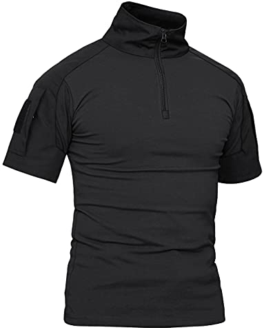 KEFITEVD Taktisch Shirt Herren Kurzarm Militär T-Shirt Stehkragen Atmungsaktiv Tactical Hemd Airsoft Uniform Arbeitsshirt Outdoor Schwarz 2XL