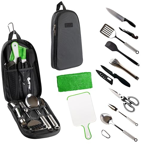 Life2Go 12 Piece Stainless Steel Camping Cooking Utensils Set, Portable Outdoor Kitchen Kit with Chef Knife, Tongs, Spatula, Scissors, Camp Cooking Gear with Carry Case for Hiking, BBQ & Travel, Gray