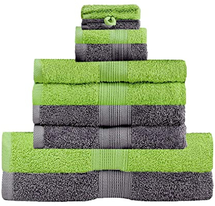 GREEN MARK Textilien 10 TLG. FROTTIER Handtuch-Set mit verschiedenen Größen 4X Handtücher, 2X Duschtücher, 2X Gästetücher, 2X Waschhandschuhe | Farbe: Anthrazit/Apfelgrün | Premium Qualität