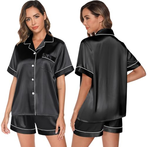 GAESHOW Dampyjamasset, satin, siden, kortärmad, knappset, sovkläder, loungewear, tvådelad, storlek S–2XL, svart, M