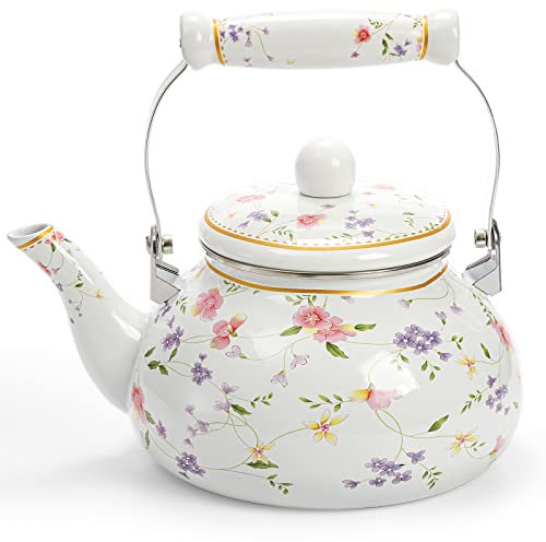 Jucoan Vintage Enamel Tea Kettle, 2.6 Quart Floral Enamel Water Kettle Teapot with Porcelain Handle for Stovetop Home Kitchen Camping, Housewarming Wedding Bridal Shower Mother's Day