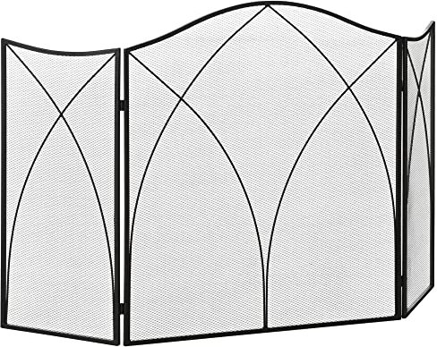 HOMCOM Salvachispas Plegable Pantalla Protectora de Chimenea 3 Paneles con Bisagras y Estructura de Metal Decorativa 126x2x76 cm Negro