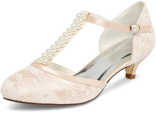 JIAJIA 01129 Women's Bridal Shoes Closed Toe T-Strap 1.8'' Low Heel Lace Satin Pumps Imitation Wedding Shoes Colour Champagne,Size 5.5 UK/39 EU