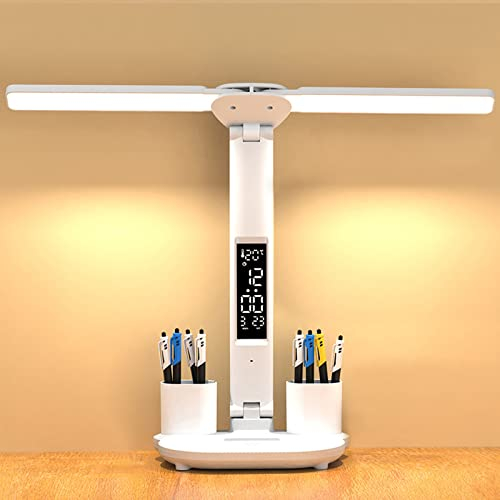 YNDD 7W LED Schreibtischlampe Kinder, Dimmbare Akku Schreibtischleuchte Kabellos mit Uhr/Stifthalter/LCD Display/Kalender/Temperatur, 3 Lichtfarben 3200mAh Batterie Bürolampe für Mädchen Jungen, Weiss