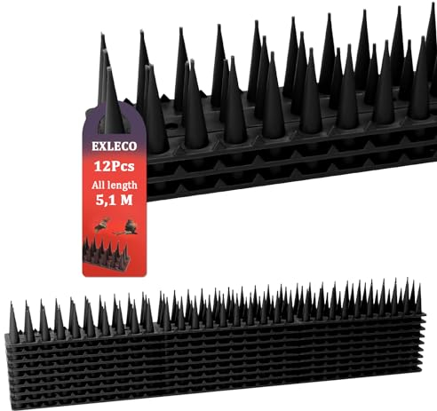 EXLECO 5,1M Vogelabwehr aus Kunststoff 12Pcs Taubenabwehr 3 Reihig 3,5cm Hoche Vogel Spikes Katzenabwehr Vogelschreck für Katze Spatzen Zaun Fensterbank Dach Schwarz