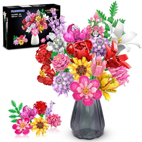 PLAXSOON Jeu de construction de fleurs pour adultes, 18 briques de bouquet de fleurs 1464 pièces, Collection Botanical Briques de construction Plantes Home Deko, cadeau pour femmes hommes enfants garç