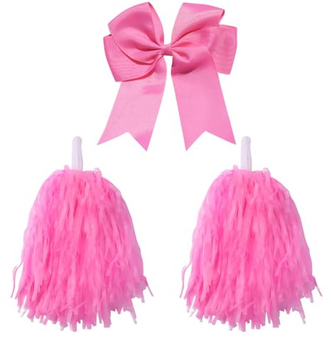 JIHUOO 3 Pcs Plastic Cheerleading Pom Poms and Big Cheerleader Hair Bow Clip Sports Fan Pom Poms Ribbon Bowknot Hair Clip Dance Party Pom Poms Basketball Team Pom Poms with Handles Pink