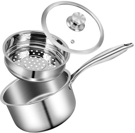 MEKOTRIN Stainless Steel Saucepan with Lid 20cm/2L Milk Pan Soup Pot with Steamer & Glass Lid, Kitchen Cookware for Cooking Boiling Stewing, Suitable for All Hobs & Induction