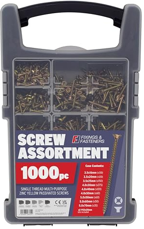 Forgefix Fixings & Fasteners 1000pc Screw Assortment -Zinc yellow passivated coating for increased corrosion resistance with an organiser case with 9 removable cups (also x2 PZ2 x 25mm bits included)