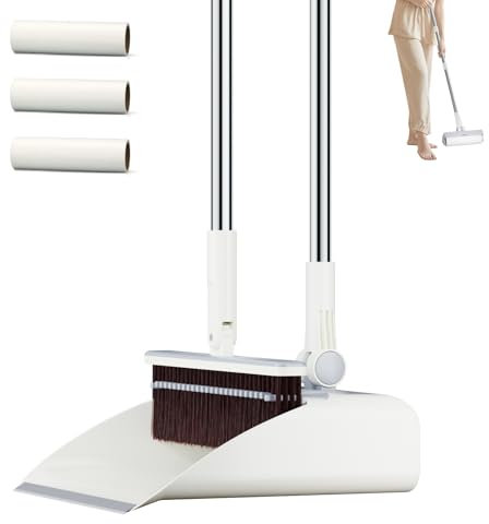 Euqvunn Sets de Escoba y Recogedor de Mango Largo, 3 en 1 [Rodillo Quitapelos Mascotas] Cepillo Barrer, Recogedor Plegable con Dientes de Peine, Quita Pelos Mascota 3 Recargas de 150 Hojas para Hogar