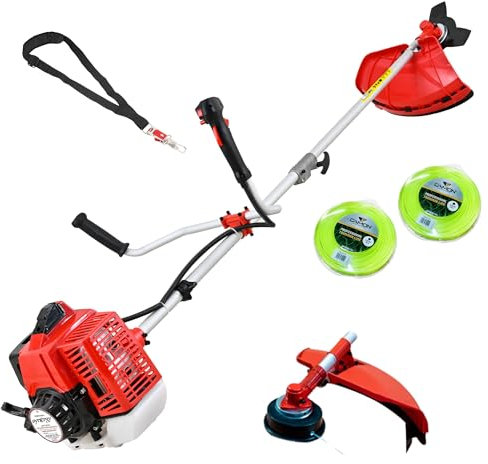 Synergy Desbrozadora Gasolina 2 en1-65cc 4,9cv Motor 2 Tiempos- Disco de 3 Puntas, Cabezal de Hilo Automático, Arnés Profesional, Kit de Protección y 20m de Hilo