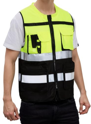 Ausing Chaleco reflectante seguridad Amarillo neón Chaleco alta visibilidad Chaleco de trabajo Bolsillos cremallera Chaleco táctico Actividades al aire libre Tráfico Ciclismo