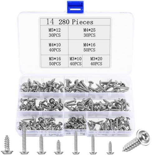Set di 280 viti autofilettanti, in acciaio inox 304, viti autofilettanti, viti a testa piatta, viti a testa bombata per legno, viti a testa piatta