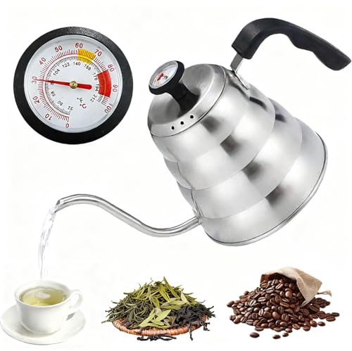 Gåshalsvattenkokare, 1 liters rostfritt stålvattenkokare med termometer Häll över med långt utlopp, tekokare, induktion, lämplig för kaffe och te, handhälld vattenkokare för gas- och elspis