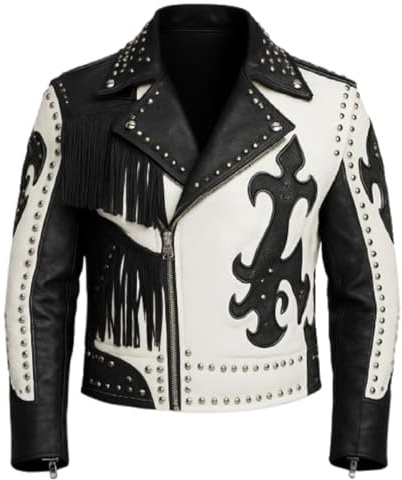 MERCH ATTIRE Herren-Bikerjacke aus hochwertigem Leder, mit Nieten, mit Fransen, Schwarz und Weiß, Schwarz und Weiß - echtes Leder, S