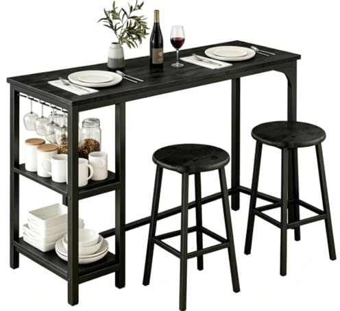 Blishom Set da bar, set da bar 3 pezzi con 2 sgabelli da bar, tavolo da bar per cucina con 2 ripiani e porta bicchieri, tavolo da pub multiuso per soggiorno e sala da pranzo (Nero)