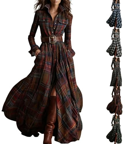 Dam långärmad knapp framsida rutig maxiklänning, v-ringad knapp ner maxi med asymmetrisk, western cowgirl blommiga klänningar