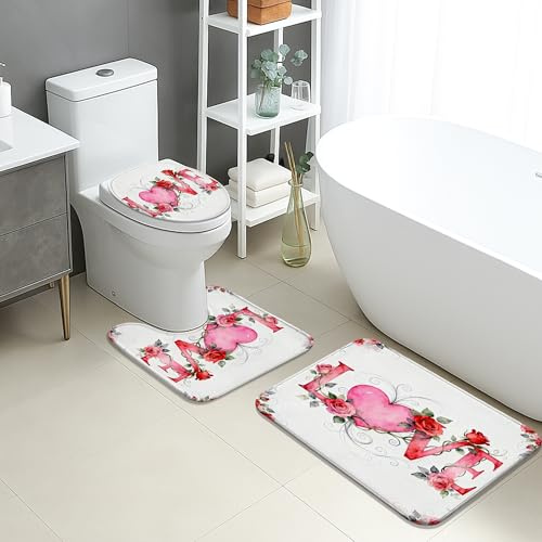 3 Piezas Juego De Alfombra De Baño Flower Romántica con Corazón Y Melocotón Juego De Alfombrillas De Baño Durable Decorar Alfombras De Cama, para Bathroom, Cocina, Dormitorio