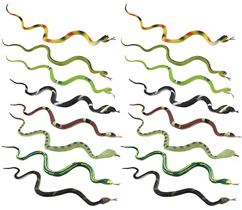 COM-FOUR® Ensemble de 16 serpents en caoutchouc - petit serpent réaliste, cobra, vipère aspic, additionneur, reptile en plastique - env. 34 cm de long [la sélection varie] (16 pièces - colorées/34cm)
