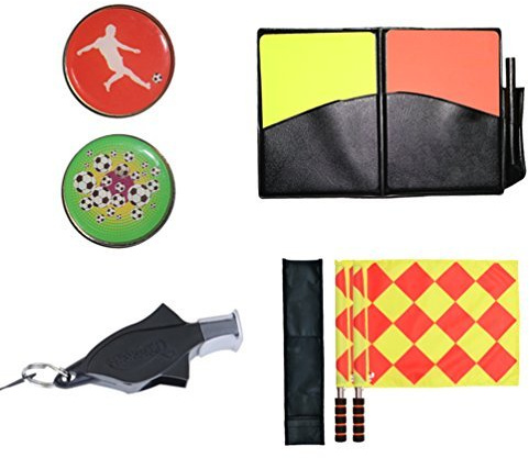 Firelong Soccer Referee Kit Football Checkered Soccer Ref Flags Linesman Whistle Coin and Cards - 4 in 1 Referee Accessories Set