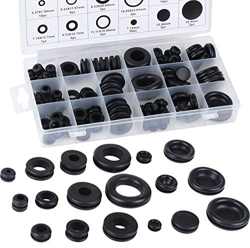Aussel 18 Sizes 125PCS Black Rubber Grommet Electrical Conductor Gasket Ring Assortment Kit for Protecting Wires, Plugs and Cables (125PCS)