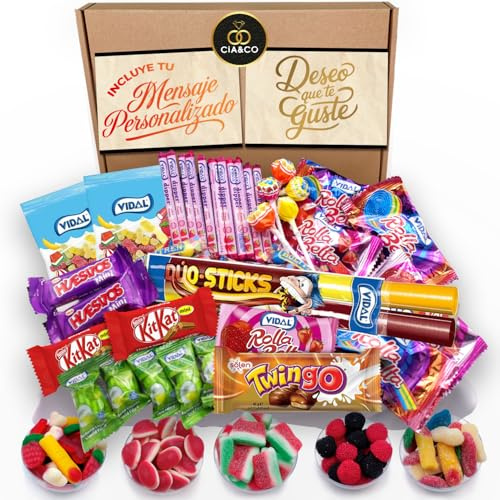 Lote Regalo de +45 Chuches y Chocolatinas y 450g de Gominolas Sin Gluten – Incluye Kit Kat, Huesitos, Barritas y Más – Ideal para Niños y no tan niños con Tarjeta y Dedicatoria Personalizable