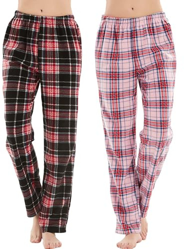 iceBoo Women’s Fleece Pyjama Bottoms (Pack of 2) Pink Check & Navy Check Lounge Pants with Pockets & Adjustable Drawstring Waist – Size12/14