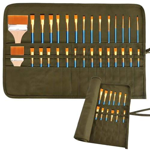 Bolsa Para Pinceles De Pintura - Estuche Enrollable Con 30 Ranuras Para Lápices, Acuarela, Óleo y Maquillaje - Funda De Lona (Verde)