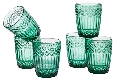 Baroni Home Juego de 6 Vasos de Vidrio Decorados con Acabados en Relieve, 30 cl, Lavables en Lavavjillas, 8 X 8 X 10 cm, Verde