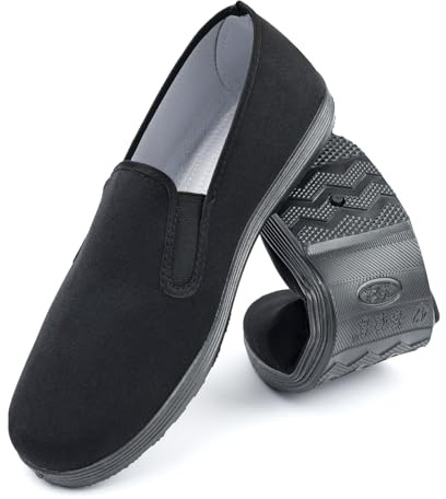 Chinese Style Slippers Kung Fu Tai Chi Old Beijing Martial Arts Shoes,Canvas Rubber Sole Unisex All Black Size Men 11.5/Women 12.5