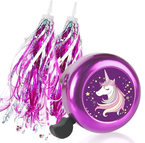Kids Bike Bell with 2 Pcs Bike Streamers for Girls, Cute Children's Bicycle Accessories（Unicorn Bell+Tassels）