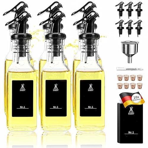 SAEIV oljeflaska med 160 ml (6-pack) olivolja oljedispenserglas med 10 gör-det-själv etiketter, olja och vinägerdispenser, oljeflaskor för fyllning med tratt, olivolja flaska för matlagning och BBQ