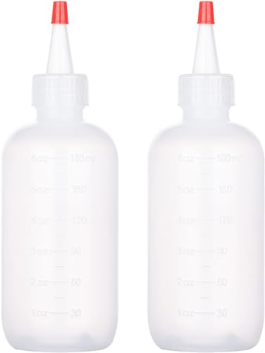 2pcs Flacons Vides avec Capuchon Applicateur, 4 oz/6 oz Flacon Applicateur Huile Cheveux, Bouteilles Transparentes Graduées pour Salon de Coiffure, Peinture, Condiments et Travaux Créatifs (180ml)