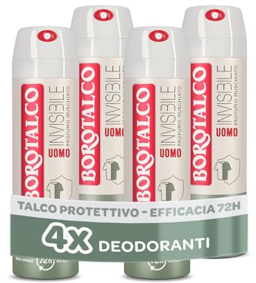 Borotalco, Deodorante Uomo Spray Invisibile, con Talco Protettivo, Anti-Macchie, Senza Alcool, Profumo Muschiato, 72h efficacia - 4 Pezzi da 150 ml - Esclusiva Amazon