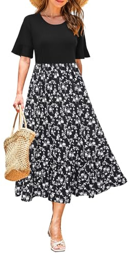 STYLEWORD Femme Robe d'été Midi Manches Courtes Ruffle Robe Fleurie Swing Longue Maxi avec Poches