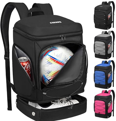 Ciihars Fußball-Rucksack, Fußballtasche mit Ballhalter, inklusive separatem Schuh- und Ballfach, Sportausrüstungstaschen, passend für Basketball, Volleyball, Fußball (schwarz)