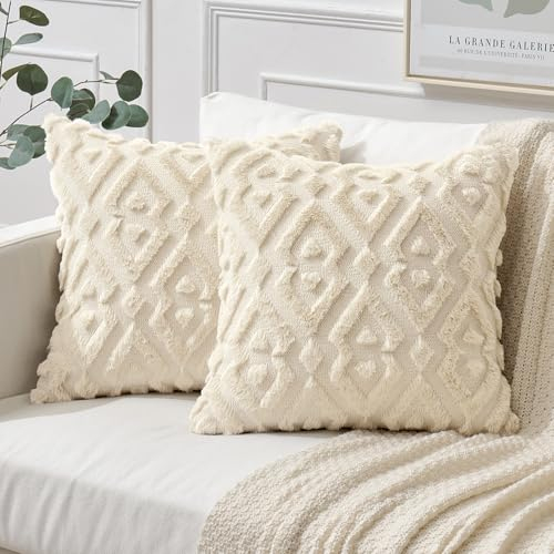 MIULEE 2er Set Weihnachten Wolle Kissenbezüge Weicher Dekokissen Plüsch Kissenbezug Boho Deko Kissen Sofa Aesthetic Geometrische Sofakissen Zierkissenbezug für Wohnzimmer Schlafzimmer Beige 40x40cm